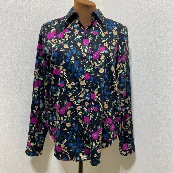 Lauren Ralph Lauren Womens Button Shirt Floral Cotton Non Iron Medium Black Pink - Picture 1 of 7
